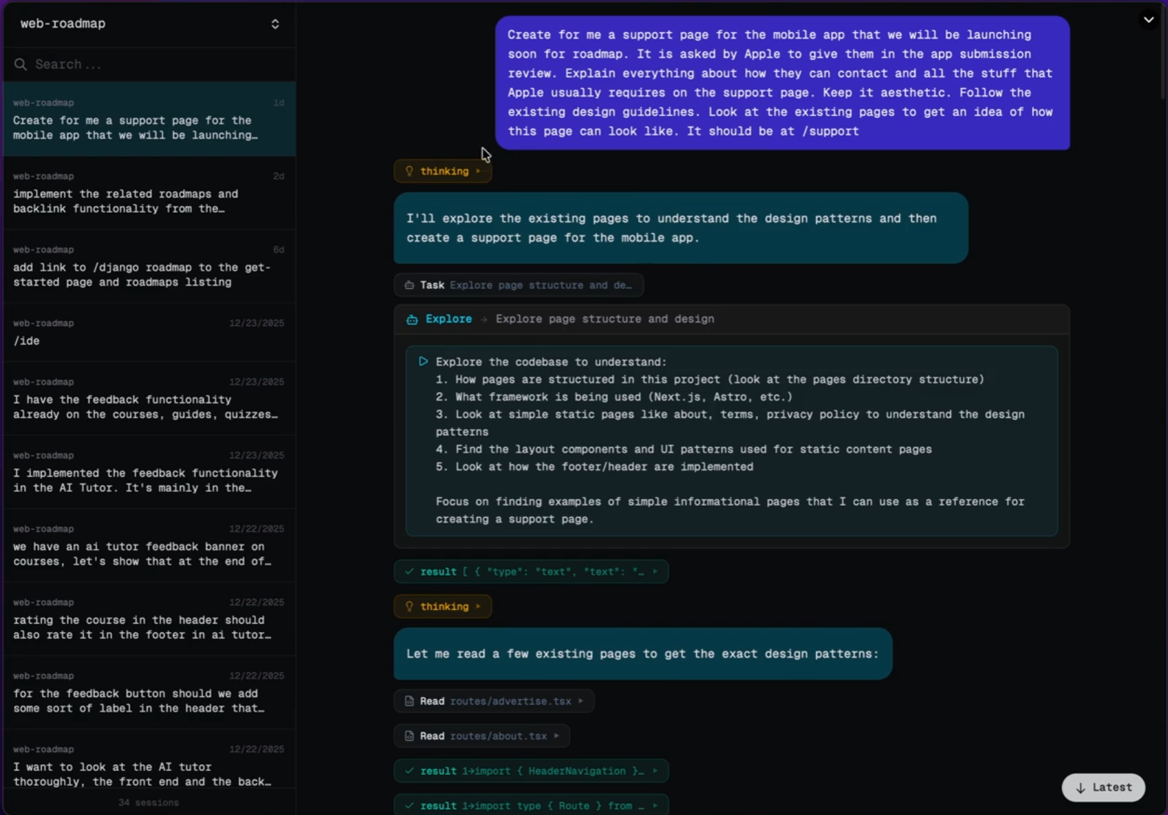 Claude's web interface showing a long conversation history