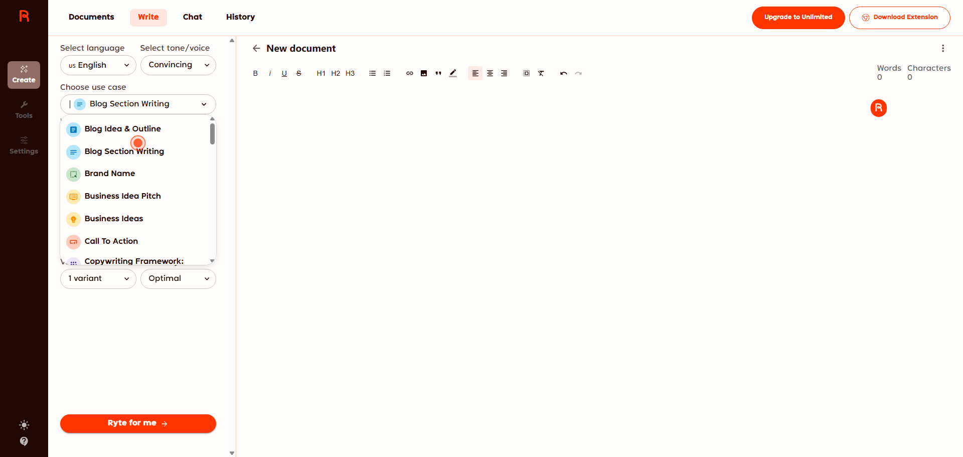 Rytr dashboard showing the template library and use case selector