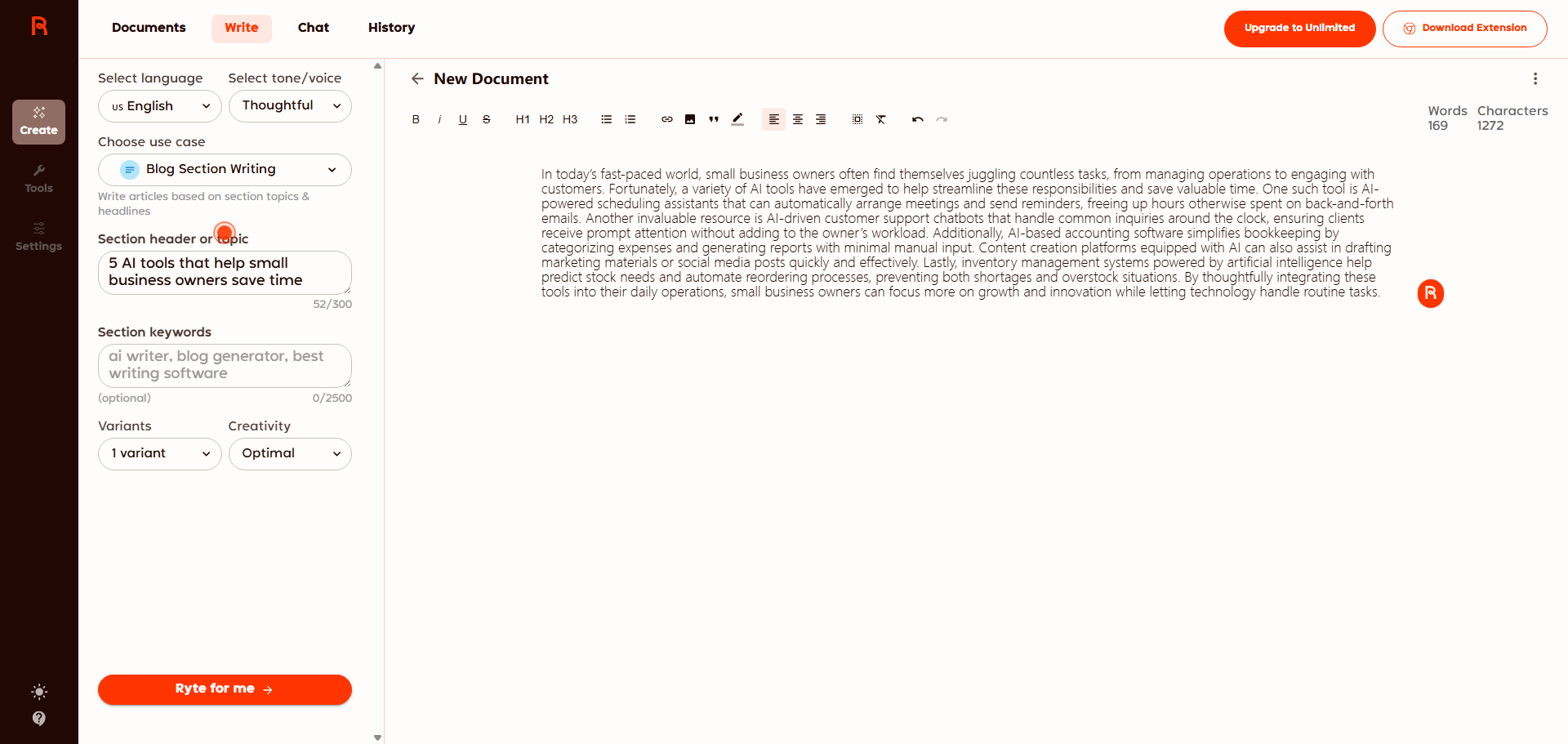 Rytr generating a blog introduction
