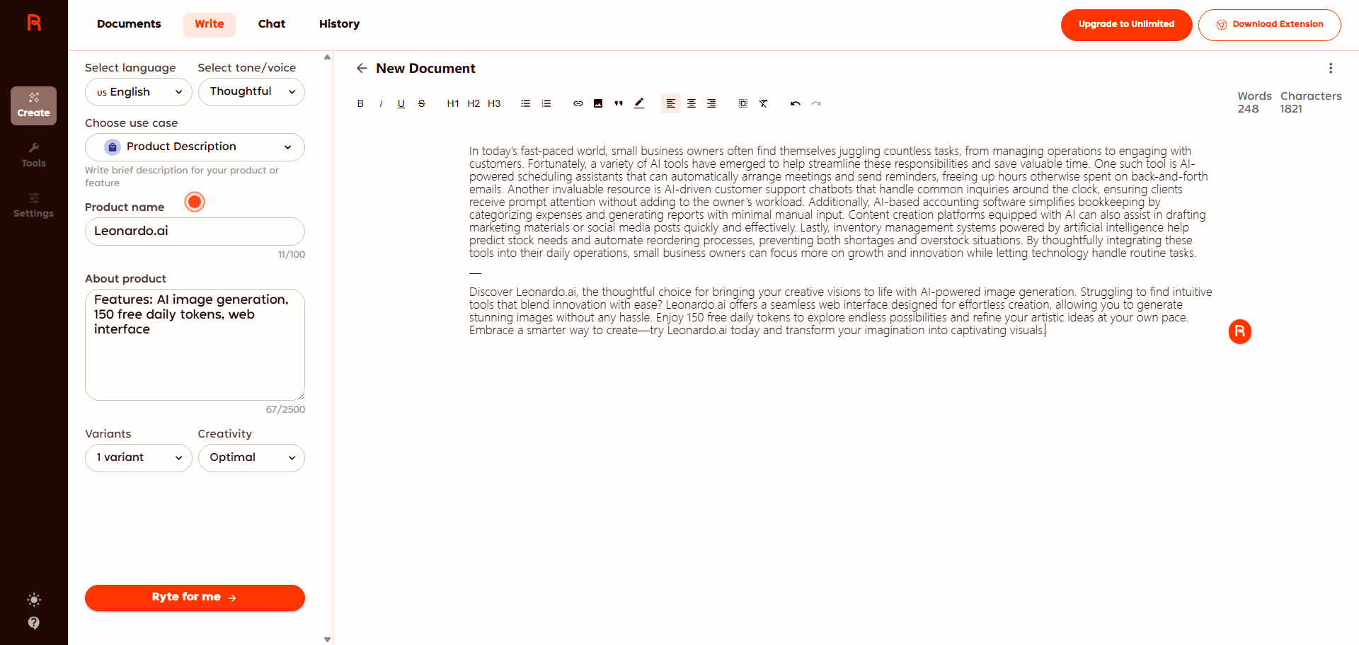 Product description output for Leonardo.ai